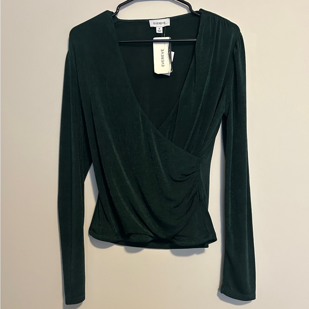 New! Evereve Marla Surplice Long Sleeve Top Forest Green Holiday Boho NWT M